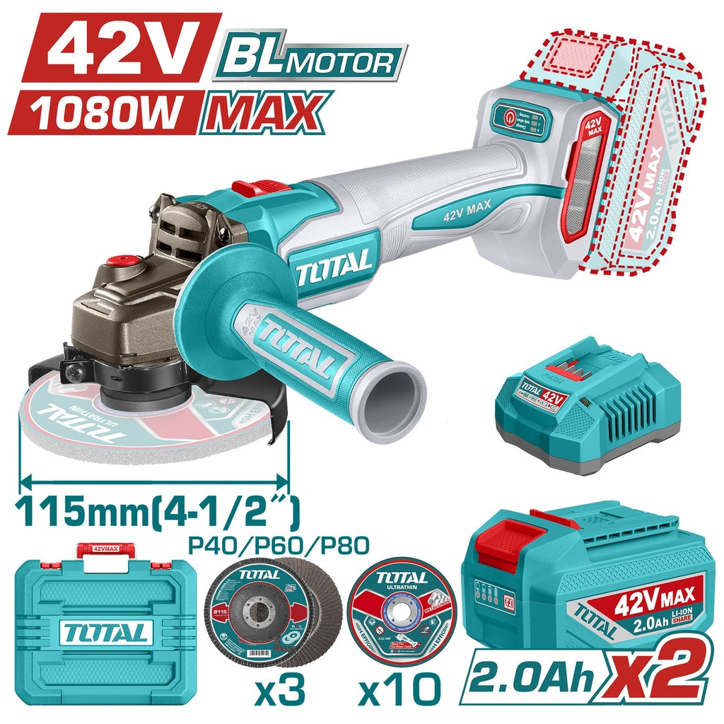 PULIDORA INALÁMBRICA INDUSTRIAL 4 1/2" 42V 1080W BRUSHLESS CON 2 BATERÍAS 2.0AH, CARGADOR Y DISCOS – SUPER TOTAL