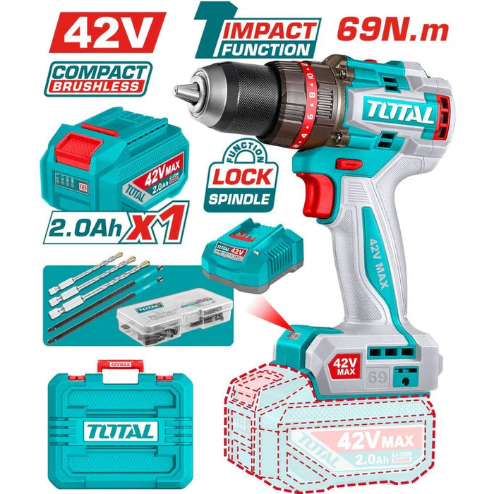TALADRO PERCUTOR INALÁMBRICO 42V TOTAL INDUSTRIAL 1/2" 69NM CON BATERÍA, CARGADOR Y ACCESORIOS