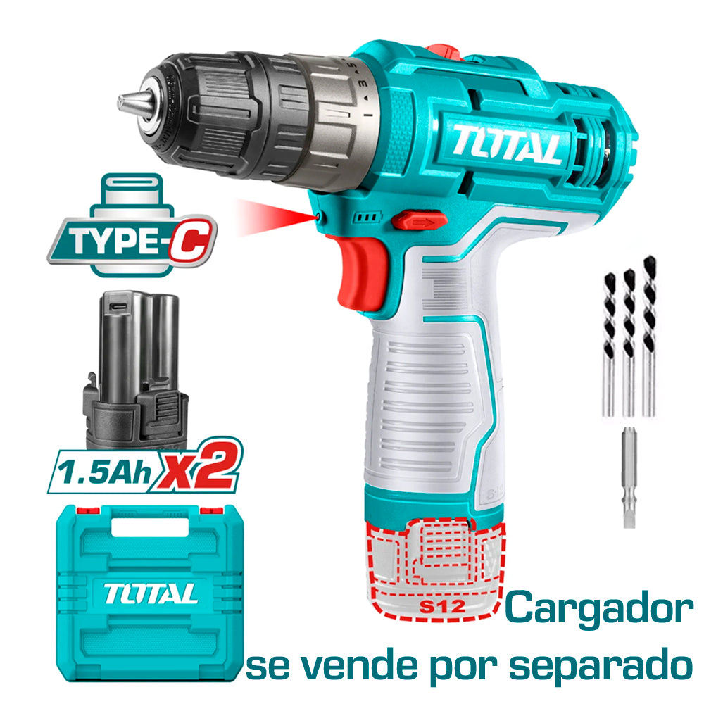 Taladro Inalámbrico 3/8" Total 12V Atornillador, Destornillador y Percutor con 2 Baterías de Litio y Accesorios