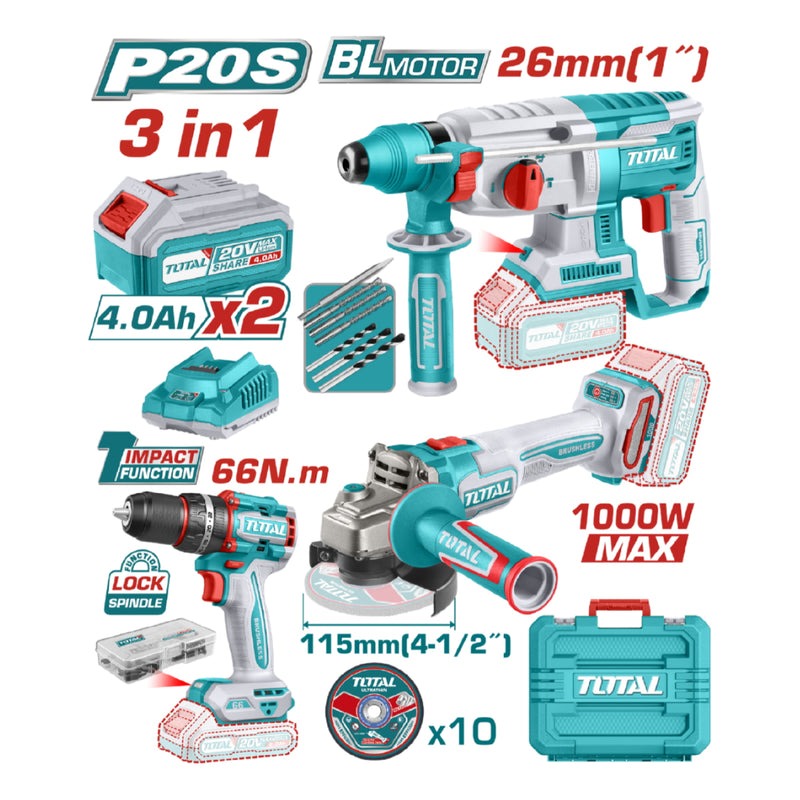 Combo Inalámbrico 20V TOTAL: Taladro 66Nm + Pulidora 4.5” + Rotomartillo 2.5J con Baterías y Accesorios