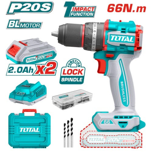 Taladro Percutor y Atornillador Inalámbrico TOTAL 20V Brushless 66Nm con 2 Baterías 2.0Ah, Cargador Rápido, Maletín, Brocas y Puntas