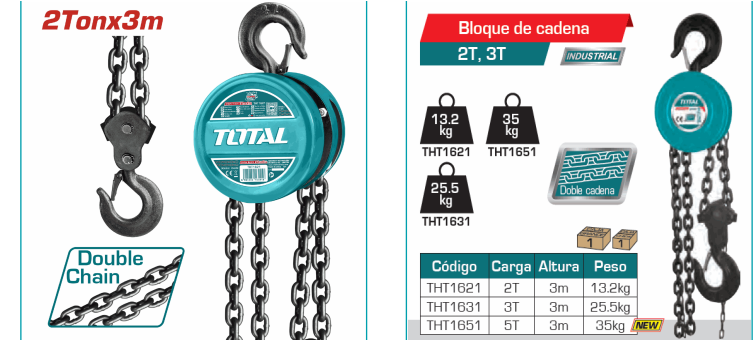 DIFERENCIAL DE CADENA TOTAL INDUSTRIAL 2 TONELADAS 3 METROS DE ELEVACIÓN