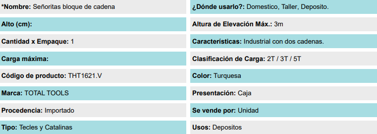 DIFERENCIAL DE CADENA TOTAL INDUSTRIAL 2 TONELADAS 3 METROS DE ELEVACIÓN