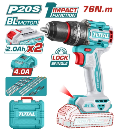 TALADRO TOTAL INALAMBRICO PERCUTOR 1/2 20V 76 N.M INCLUYE 2 BATERIA DE 2.0AH, CARGADOR Y ACCESORIOS INDUSTRIAL (UTIDLI207686)