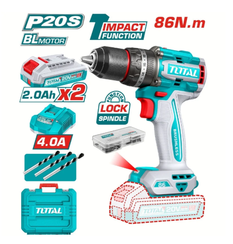 TALADRO TOTAL INALAMBRICO PERCUTOR 1/2" 86 NM 20V CAJA PLASTICA INCLUYE 2 BATERIA 2.0AH, 1 CARGADOR Y ACCESORIOS INDUSTRIAL SUPER TOTAL