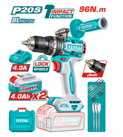 TALADRO TOTAL INALAMBRICO PERCUTOR 1/2 20V 96 N.M INCLUYE 2 BATERIA DE 4.0AH, CARGADOR, INCLUYE ACCESORIOS INDUSTRIAL SUPER TOTAL (UTIDLI209686)