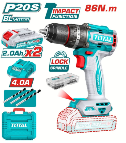 TALADRO TOTAL INALAMBRICO PERCUTOR 1/2" 86 NM 20V CAJA PLASTICA INCLUYE 2 BATERIA 2.0AH, 1 CARGADOR Y ACCESORIOS INDUSTRIAL SUPER TOTAL (UTIDLI208687)