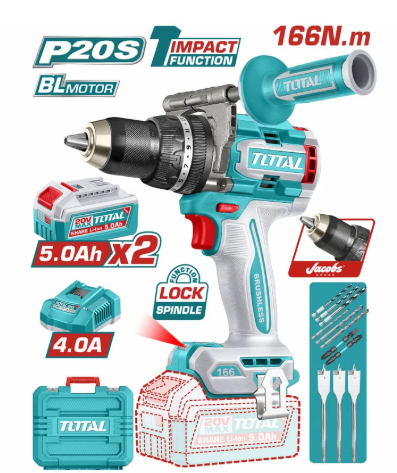 TALADRO TOTAL INALAMBRICO PERCUTOR 1/2" 166 NM 20V CAJA PLASTICA INCLUYE 2 BATERIAS 20V 5AH, 1 CARGADOR Y ACCESORIOS INDUSTRIAL SUPER TOTAL (UTIDLI201668)