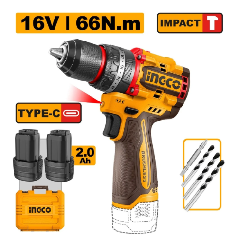 Taladro de Impacto ingco Inalámbrico INGCO 1/2" 16V 66 Nm 2000 RPM Brushless CIDLI16665