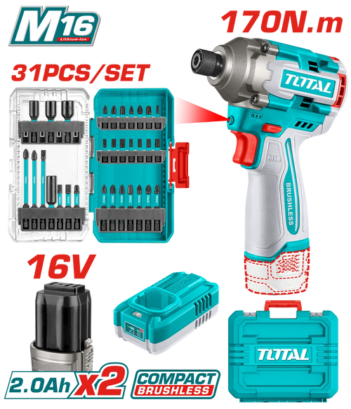 ATORNILLADOR DE IMPACTO 16V 1/4 170NM + 31 ACCESORIOS + 2 BATERIAS (2.0AH) +CARGADOR INDUSTRIAL SUPER TOTAL
