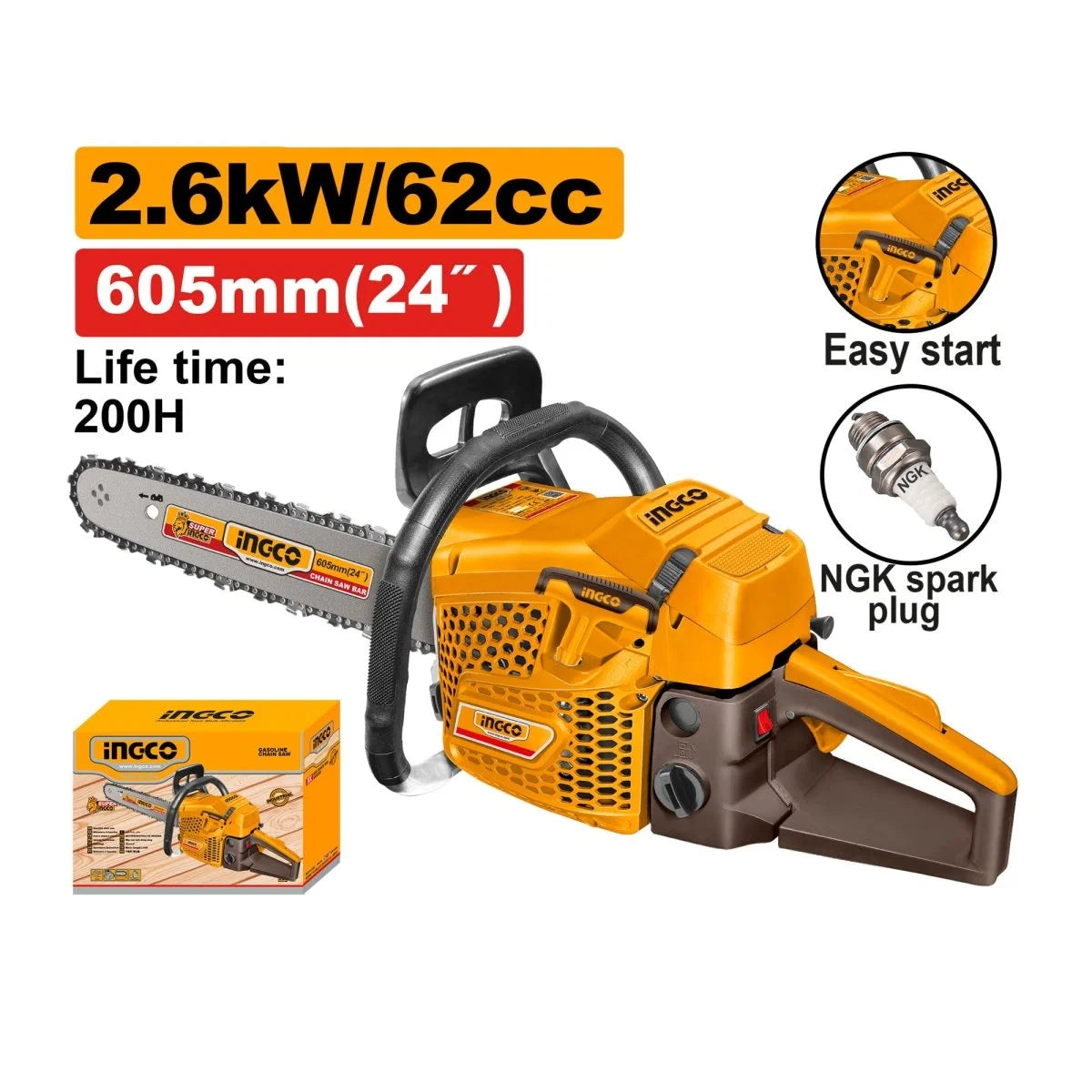 MOTOSIERRA A GASOLINA INGCO DE 62CC 2.6KW HOJA DE 24" MOTOR 2 TIEMPOS GCS5622611