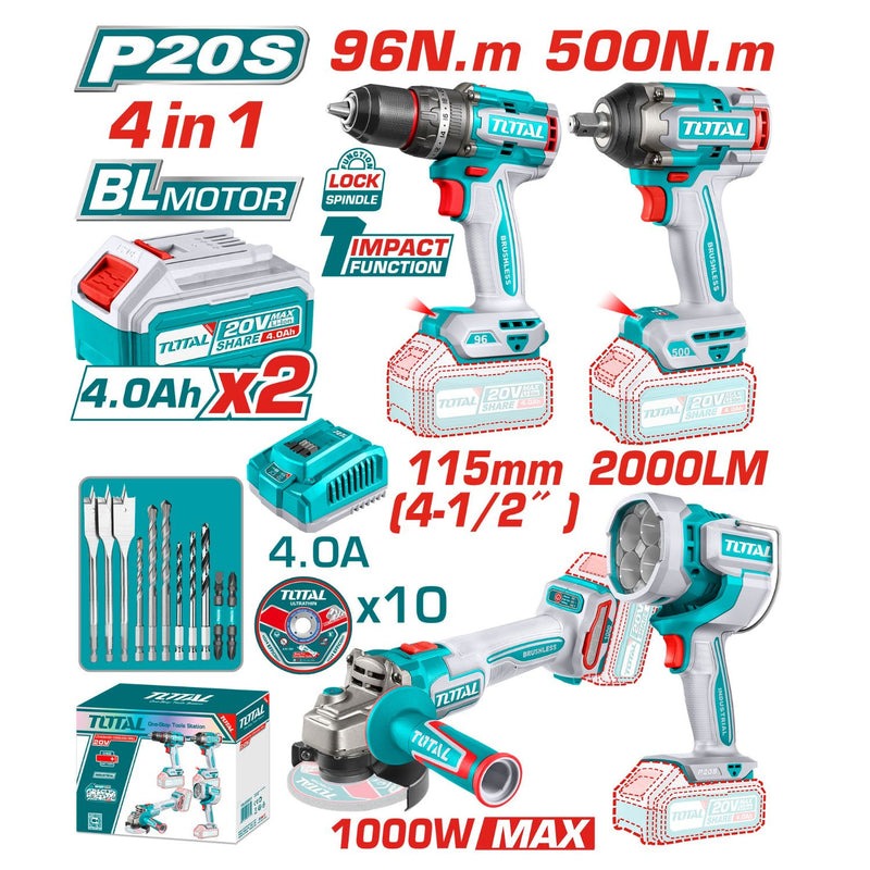 COMBO INALAMBRICO 20V TALADRO 1/2 96 N.M+PISTOLA IMPACTO 1/2 500 N.M+ULIDORA 4 1/2 1000W+LAMPARA DE TRABAJO 2000 LUMENES INCLUYE 2 BATERIAS 4.0AH,CARGADOR Y ACCESORRIOS INDUSTRIAL TOTAL