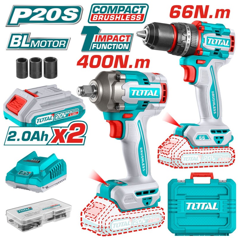 Combo Inalámbrico 20V TOTAL: Taladro 66Nm + Llave de Impacto 400Nm con Baterías y Accesorios