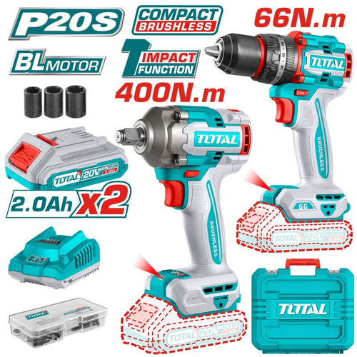 Combo Inalámbrico 20V TOTAL: Taladro 66Nm + Llave de Impacto 400Nm con Baterías y Accesorios